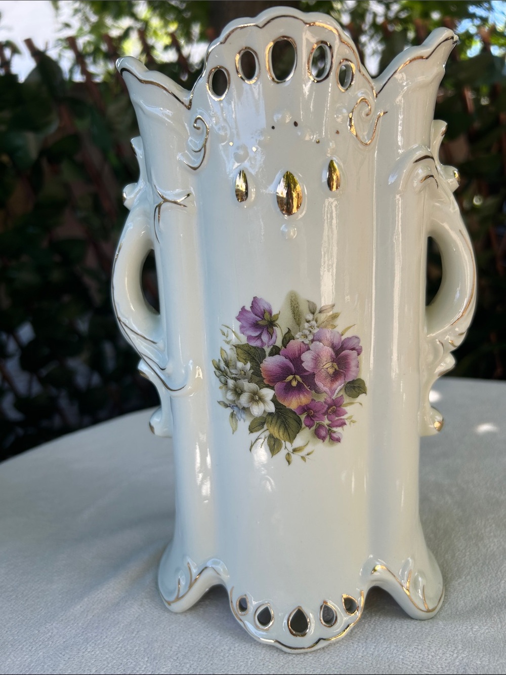 Formalities by Baum Bros Vintage Porcelain Vase Gold Trim Floral Double Handle 9